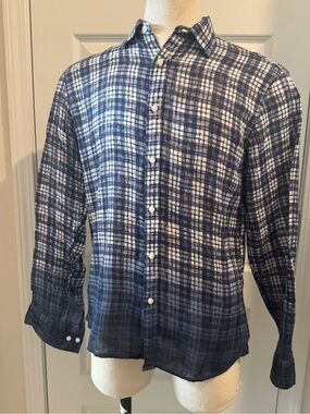 Michael Kors Men’s Blue Plaid Linen Slim Fit Button -Up Shirt - Size Medium